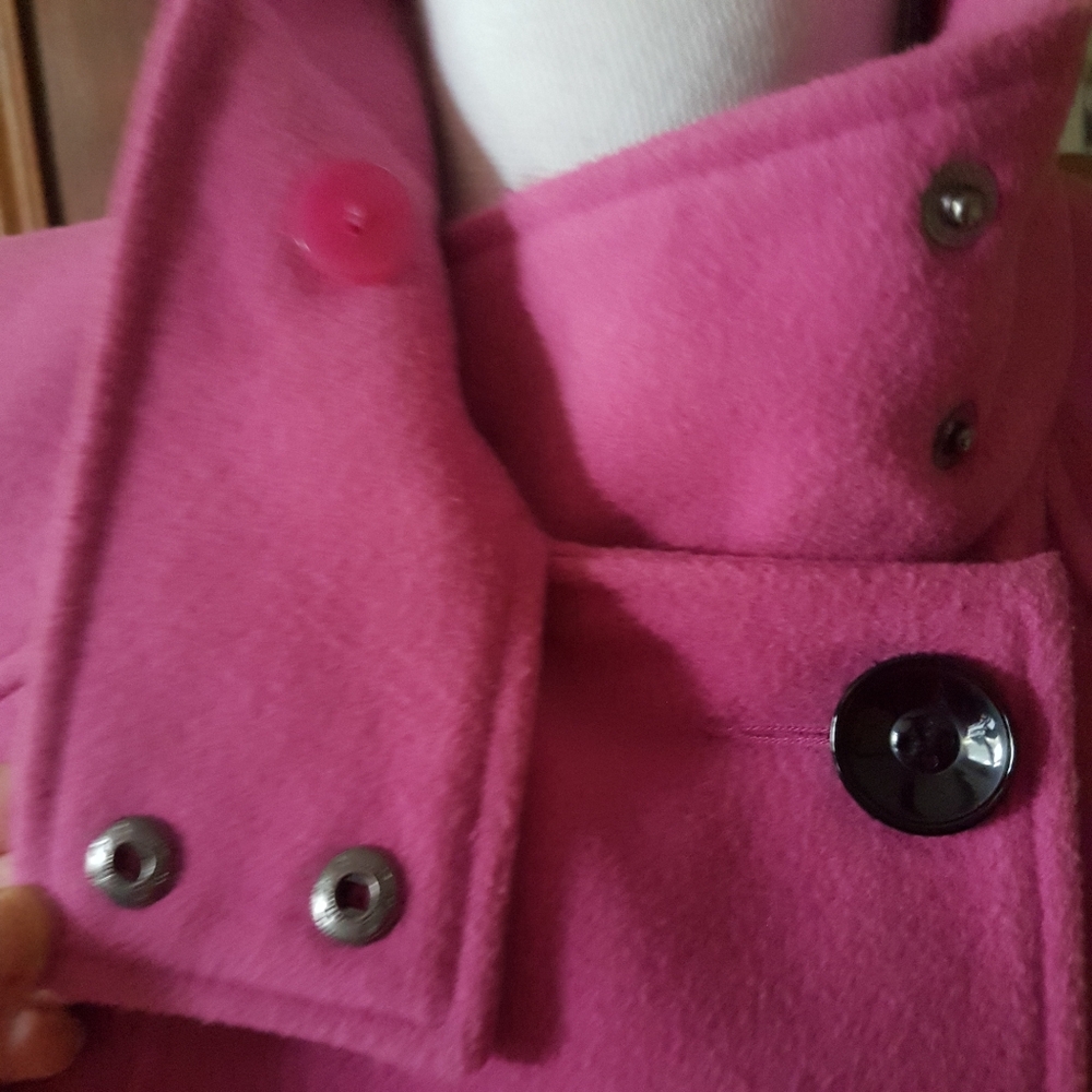 Fuchsia Pink Double Breasted Pea Coat with Black Buttons from London - Picture 11 of 17